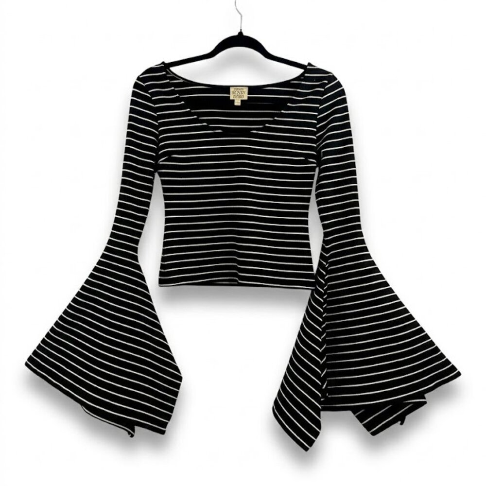 Ronny Kobo Black White Striped Bell Sleeve Crop Top Minimalist Statement Knit S